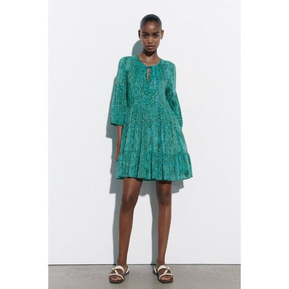 Zara Womens Mini Dress L Green Metallic Thread Dotted Mesh Tiered 2587/055 NWOT - Picture 1 of 9